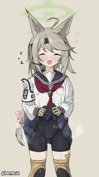1girl absurdres ahoge animal_ear_fluff animal_ears artist_name bandaid bandaid_on_leg bandaid_on_thigh bike_shorts black_shorts blue_archive blue_sailor_collar blue_skirt blush braid breast_pocket breasts cameltoe closed_eyes clothes_lift doombreak facing_viewer feet_out_of_frame flying_sweatdrops fox_ears fox_girl gloves gluteal_fold green_background green_hair green_halo halo headset heart highres knee_pads lifting_own_clothes loli long_hair long_sleeves miniskirt neckerchief open_mouth otogi_(blue_archive) pleated_skirt pocket puffy_long_sleeves puffy_sleeves red_neckerchief sailor_collar sailor_shirt school_uniform serafuku shirt shorts simple_background single_braid skirt skirt_lift small_breasts solo tactical_school_uniform twitter_username very_long_hair white_shirt yellow_gloves