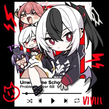 4girls :d aru_(blue_archive) black_hat black_hoodie black_jacket black_shoes blue_archive blush blush_stickers bright_pupils brown_eyes calico_(pattern) calico_cat center-flap_bangs chibi chibi_only closed_eyes commentary_request demon_horns demon_wings double-parted_bangs ear_piercing full_body grey_halo hair_between_eyes hair_ornament hairclip halo haruka_(blue_archive) hat hood hood_down hoodie horns jacket kayoko_(blue_archive) long_hair long_sleeves looking_at_viewer multiple_girls mutsuki_(blue_archive) neck_ribbon oomori_(kswmr) open_mouth parallel_hairclips petting piercing pink_eyes ponytail print_hoodie problem_solver_68_(blue_archive) purple_hair purple_halo red_eyes red_hair red_halo red_ribbon ribbon shirt shoes sidelocks single_wing smile sweat teeth user_interface white_hair white_pupils white_shirt wings