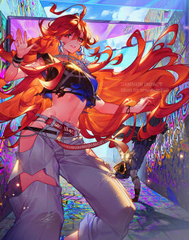 Rule 34 | 1boy, 1girl, ahoge, alternate costume, breasts, capitano (genshin impact), casual, contemporary, earrings, genshin impact, handstand, highres, jewelry, long hair, looking at viewer, mavuika (genshin impact), medium breasts, multicolored hair, navel, one arm handstand, orange eyes, orange hair, orange sekaii, red hair, two-tone hair, upside-down, very long hair