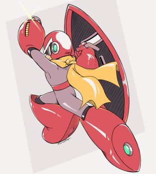 1boy android arm_cannon bodysuit full_body glint grey_bodysuit helmet highres holding holding_shield male_focus mega_man_(classic) mega_man_(series) proto_man red_helmet shield simple_background solo surrealmason weapon white_background