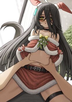 1girl 1other ahoge animal_ears bags_under_eyes belt black_bra black_hair bow bra choker commentary english_commentary fur-trimmed_headwear fur-trimmed_skirt fur_trim hat horse_ears horse_girl horse_tail lobsteranian manhattan_cafe_(umamusume) multicolored_hair navel open_mouth pov pov_hands red_skirt ribs santa_costume santa_hat skirt straddling tail thigh_strap torso_grab umamusume underwear white_hair yellow_bow yellow_eyes