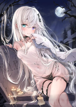 1girl aqua_eyes black_collar black_panties breasts cande collar cross crossed_legs dress fading female_focus full_moon ghost_(kakao_rantan) ghost_girl graveyard heterochromia highres kakao_rantan long_hair long_sleeves looking_at_viewer moon navel night original panties patchwork_clothes purple_eyes see-through_clothes see-through_dress small_breasts smile solo stomach studded_collar tombstone torn_clothes torn_dress underwear very_long_hair white_dress wide_sleeves