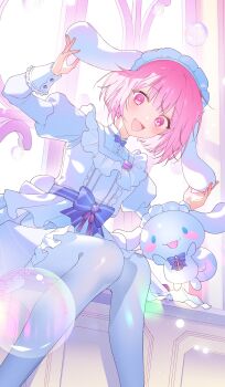 1girl :d absurdres backlighting blue_eyes blunt_bangs blush blush_stickers bob_cut bow bowtie cinnamoroll cup curled_tail dog dress dress_bow feet_out_of_frame frilled_dress frills fuwa_fuwa_cinnamoroll hashtag-only_commentary highres indoors juliet_sleeves long_sleeves looking_at_viewer maid_headdress mikan_(migwang) official_alternate_costume ootori_emu open_mouth pantyhose pink_eyes pink_hair project_sekai puffy_sleeves purple_bow purple_bowtie sanrio short_hair smile solo_focus striped_bow striped_bowtie striped_clothes teacup white_dog white_dress white_headdress white_pantyhose window wrist_cuffs