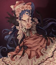 Rule 34 | 1boy, absurdres, black gloves, black ribbon, blue eyes, bow, ciel phantomhive, ciel phantomhive (robin dress), closed mouth, crossdressing, dress, earrings, elbow gloves, flower, frilled dress, frills, gloves, hair over one eye, hat, hat bow, hat flower, highres, jewelry, kuroshitsuji, long hair, looking at viewer, male focus, pink background, pink flower, pink hat, reaching, reaching towards viewer, ribbon, shadow, solo, striped ribbon, trap, twintails, uneasywolf, very long hair, white bow, white ribbon