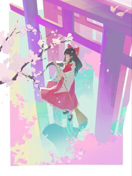 1girl ascot bare_shoulders bird black_hair black_shoes border bow broom capybara_(trafficcone09) cherry_blossoms detached_sleeves frilled_bow frilled_hair_tubes frills hair_bow hair_tubes hakurei_reimu hashtag-only_commentary highres holding holding_broom long_hair mary_janes outdoors pastel_colors red_bow red_skirt ribbon-trimmed_sleeves ribbon_trim shoes skirt skirt_set solo standing torii touhou white_border wide_sleeves yellow_ascot