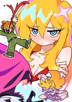 1boy 2girls absurdres ahoge bare_shoulders blonde_hair blood blue_eyes blush breasts brief_(psg) cleavage collarbone dress embarrassed excessive_nosebleed freckles green_jumpsuit hair_between_eyes hair_ornament hair_over_eyes headphones highres jumpsuit monster multiple_girls multiple_views nosebleed orange_hair panty_&amp;_stocking_with_garterbelt panty_(psg) pink_hair red_dress shy_panty_(psg) sleeveless sleeveless_dress small_breasts star_(symbol) star_hair_ornament stocking_(psg) white_background yuateheng