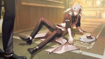 2boys apron artist_name black_pants black_shirt black_shoes blue_flower blurry blurry_background blush broken_plate closed_mouth collared_shirt commentary cup english_commentary fallen_down feathered_wings flower glass_shards grey_hair hair_between_eyes hair_flower hair_ornament halo halo_behind_head head_wings highres honkai:_star_rail honkai_(series) indoors light_particles long_sleeves male_focus medium_hair moonya multiple_boys on_floor pants plate shirt shoes signature sitting sleeves_rolled_up spill sunday_(honkai:_star_rail) tea teacup tray v-shaped_eyebrows vest waist_apron white_apron white_vest white_wings wing_collar wings yellow_eyes