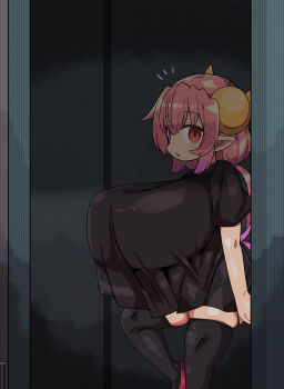 1girl black_shirt black_thighhighs breasts commentary_request cowboy_shot gigantic_breasts highres horns ilulu_(maidragon) kanikama kobayashi-san_chi_no_maidragon long_hair looking_at_viewer notice_lines oppai_loli parted_lips pink_hair pointy_ears red_eyes shirt skindentation solo thighhighs