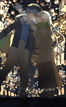 2girls absurdres black_coat black_hat black_shoes blonde_hair blue_hair blue_sweater blunt_bangs blurry blurry_background blush breath brown_bag brown_coat brown_gloves brown_shoes brown_skirt clothes_grab coat collared_shirt commentary_request elbow_carry from_side full_body fur-trimmed_coat fur_trim gloves green_eyes green_scarf grey_pants hair_rings hat highres holding_hands hood hood_down hooded_coat long_hair long_skirt looking_at_another looking_at_viewer mahou_shoujo_no_majo_saiban medium_hair multiple_girls natch newsboy_cap night open_clothes open_coat open_mouth orange_eyes outdoors pants plaid_clothes plaid_pants pleated_skirt profile scarf shirt shoes skirt socks standing sweater tachibana_sherry tono_hanna twintails urban whispering_in_ear white_shirt white_socks winter_clothes yuri