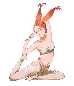 1girl animal_ears breasts cleavage collarbone commentary english_commentary feet felt_(spindle_(aidenr0)) hair_bun hair_up highres mole mole_on_arm mole_on_breast mole_on_stomach navel original pants pink_hair rabbit_ears rabbit_girl rabbit_tail simple_background solo spindle_(aidenr0) stomach strapless stretching tail white_background yoga_pants