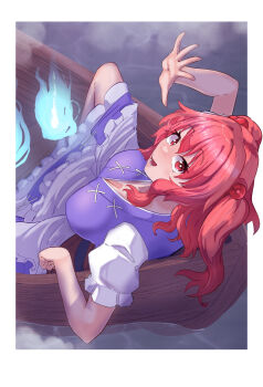 1girl boat breasts cleavage commentary_request from_above highres hitodama looking_at_viewer lower_teeth_only medium_hair onozuka_komachi open_mouth red_eyes red_hair short_sleeves sitting solo teeth touhou two_side_up watercraft yet_you