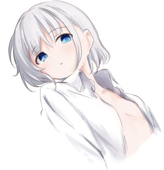 1girl blue_eyes breasts collarbone collared_shirt cropped_torso dress_shirt grey_hair highres naked_shirt open_clothes open_shirt original parted_lips riya_(01214) shirt simple_background small_breasts solo upper_body white_background white_shirt