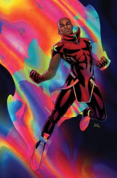 1boy bald black_eyes clenched_hands comic_cover commentary covered_abs dark-skinned_male dark_skin english_commentary full_body gloves highres initial leggings looking_at_viewer male_focus marvel muscular muscular_male official_art rainbow_gradient red_gloves red_leggings red_tunic russell_dauterman smile solo synch_(x-men) tunic x-men