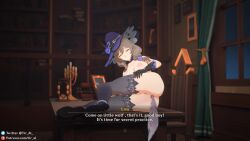 1girl 3d absurdres anal_beads anal_tail animated breasts butt_plug english_text fake_tail genshin_impact gloves hat highres indoors interior large_breasts lisa_(genshin_impact) looking_at_viewer lying nipples nude on_side on_table pussy sex_toy solo sound spread_legs subtitled table tagme tail thighhighs tir_al video witch_hat