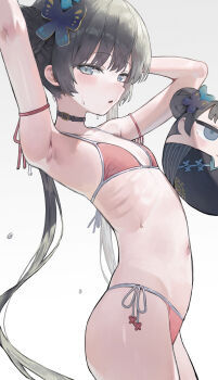 1girl absurdres armpits arms_up belt belt_collar bikini black_belt black_hair blue_archive blush braid bun_with_braided_base butterfly_hair_ornament collar commentary cowboy_shot flat_chest from_side grey_eyes hair_bun hair_ornament highres kisaki_(blue_archive) loli long_hair looking_at_viewer merong_(sou47897) navel parted_lips pink_bikini side-tie_bikini_bottom simple_background solo souvenir_doll_(blue_archive) standing string_bikini swimsuit twintails very_long_hair water_drop wet white_background