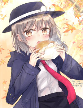 1girl autumn autumn_leaves black_hat black_skirt blue_jacket blush bow brown_hair burger commentary_request food hair_bow hat hat_bow highres holding holding_burger holding_food jacket leaf long_sleeves looking_at_viewer maple_leaf medium_hair necktie open_mouth red_necktie shirt skirt solo teruteruyohou touhou usami_renko white_bow white_shirt yellow_eyes