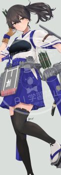 Rule 34 | 1girl, alakoala, black eyes, black thighhighs, blue hakama, bow (weapon), brown eyes, commentary request, flight deck, geta, hakama, hakama short skirt, hakama skirt, highres, japanese clothes, kaga (kancolle), kaga kai ni (kancolle), kantai collection, long hair, muneate, side ponytail, skirt, solo, standing, standing on one leg, tasuki, thighhighs, watermark, weapon