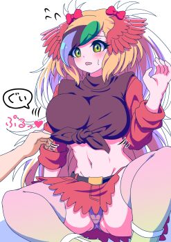 1boy 1girl belt belt_buckle black_hair blonde_hair blue_hair blush bow breasts brown_shirt buckle clothes_pull embarrassed eyelashes female_focus flying_sweatdrops full_body gluteal_fold greater_bird-of-paradise_(kemono_friends) green_eyes green_hair hair_bow hair_ornament head_wings heart highres japanese_text kemono_friends large_breasts long_hair looking_at_another mamiyama midriff miniskirt motion_lines multicolored_hair navel open_mouth panties purple_panties red_shirt red_skirt shirt shirt_pull simple_background sitting skirt thick_thighs thighhighs thighs translation_request underwear white_background white_hair wings