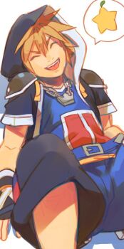 Rule 34 | 1boy, armor, baggy clothes, belt, belt buckle, blue belt, brown hair, buckle, closed eyes, commentary, cropped jacket, english commentary, fingerless gloves, food, fruit, gloves, hair between eyes, hood, hood up, hooded jacket, image in speech bubble, jacket, jewelry, kingdom hearts, kingdom hearts ii, male focus, necklace, open clothes, open jacket, open mouth, pants, pauldrons, short hair, short sleeves, shoulder armor, simple background, sitting, solo, sora (kingdom hearts), speech bubble, spiked hair, starfruit, teeth, triangle mouth, upper teeth only, uzucake, white background