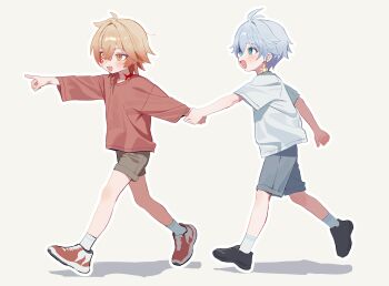 Rule 34 | 2boys, absurdres, aged down, alternate costume, antenna hair, black shoes, blonde hair, blue eyes, blush, braid, brown shorts, crew neck, facial tattoo, gradient hair, grey background, grey shorts, hazozoyaku, highres, holding hands, honkai: star rail, honkai (series), male focus, medium hair, multicolored hair, multiple boys, mydei (honkai: star rail), neck tattoo, outline, parted bangs, phainon (honkai: star rail), pointing, red hair, red shirt, red shoes, red tattoo, shirt, shoes, short hair, short sleeves, shorts, side braid, socks, sun symbol, sun tattoo, tan, tattoo, white hair, white outline, white shirt, white socks, yellow eyes