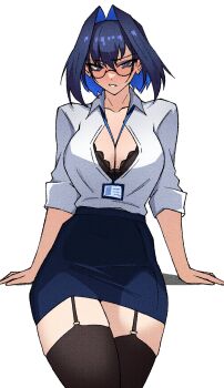 1girl alternate_costume black_bra black_skirt blue_eyes blue_hair bra bra_peek breasts business_suit cleavage collared_shirt dress_shirt formal_clothes garter_straps hair_intakes hashtag-only_commentary highres hololive hololive_english id_card lanyard large_breasts long_sleeves looking_at_viewer multicolored_hair office_lady ouro_kronii pencil_skirt ritorugalaxy shirt short_hair simple_background skirt skirt_suit solo suit underwear virtual_youtuber white_shirt