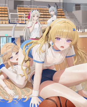 +++ 4girls absurdres alternate_costume aqua_eyes ball basketball_(object) black_horns blonde_hair blue_shorts blush bow breasts carlotta_(wuthering_waves) cartethyia_(wuthering_waves) commentary_request curled_horns flying_sweatdrops grey_hair gym_uniform hair_bow hair_ornament hand_up highres horns korean_commentary long_hair medium_breasts multiple_girls open_mouth parted_bangs phoebe_(wuthering_waves) pink_bow purple_eyes shirt shorts smirk soul_(smfa2555) tacet_mark_(wuthering_waves) white_shirt wuthering_waves x_hair_ornament zani_(wuthering_waves)