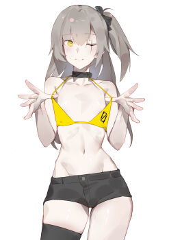 1girl 404_logo_(girls'_frontline) absurdres belt_collar bikini bikini_pull black_shorts clothes_pull collar coteri cowboy_shot flat_chest girls'_frontline girls'_frontline_2:_exilium highres leva_(girls'_frontline_2) long_hair looking_at_viewer one_eye_closed one_side_up scar scar_across_eye scar_on_face short_shorts shorts single_thighhigh solo swimsuit thighhighs ump45_(girls'_frontline) yellow_bikini