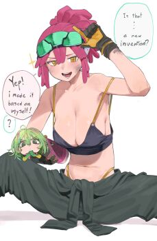 Rule 34 | 1girl, ?, absurdres, artificial vagina, bare shoulders, black bra, boku no hero academia, bra, breasts, cargo pants, censored, character censor, cleavage, commentary, dildo, dirty, dirty face, english commentary, english text, gloves, goggles, goggles on head, grey pants, hagakure toru, hatsume mei, highres, holding, holding sex toy, large breasts, lonklink, looking at viewer, navel, novelty censor, open mouth, orange eyes, paid reward available, pants, panty straps, pink hair, sex toy, short hair, simple background, smile, solo, sparkle, speech bubble, spoken question mark, strap slip, two-tone gloves, underwear, white background