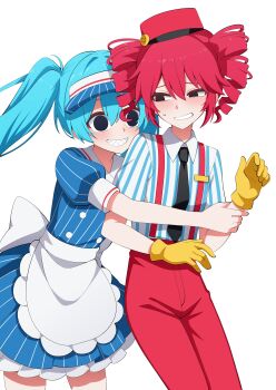 2girls absurdres apron black_eyes black_necktie blue_hair blue_shirt blue_skirt commentary drill_hair embarrassed gloves hat hatsune_miku highres hug hug_from_behind kasane_teto long_hair looking_at_another mesmerizer_(vocaloid) multiple_girls necktie pants puffy_short_sleeves puffy_sleeves re2ed red_hair red_hat red_pants sharp_teeth shirt short_sleeves simple_background skirt striped_clothes striped_shirt striped_skirt suspenders teeth twin_drills twintails utau vocaloid waitress white_apron white_background yellow_gloves