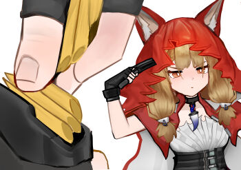 1girl absurdres animal_ears arknights arknights:_endfield black_gloves cape commentary ears_through_headwear ears_through_hood finger_on_trigger fingerless_gloves food gloves gun gun_to_head highres holding holding_weapon hood hood_up hooded_cape jewelry low-tied_sidelocks meme multiple_views necklace pasta pasta_la_vista_(meme) red_cape reloading rossi_(arknights) sidelocks simple_background tail tooth_necklace two-sided_cape two-sided_fabric wawamachi weapon white_background wolf_ears wolf_girl wolf_tail
