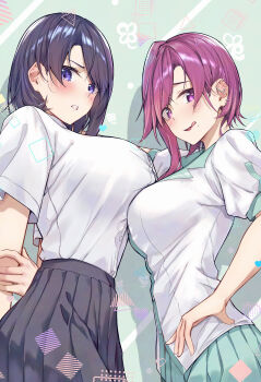 2girls aqua_skirt arms_behind_back black_hair black_skirt blush breasts character_request clenched_teeth green_background hand_on_own_hip hebizono_kyouko highres kamikakushi_no_eden large_breasts licking_lips multiple_girls pleated_skirt purple_eyes purple_hair sahara386 school_uniform shirt shirt_tucked_in short_hair skirt teeth tongue tongue_out white_shirt
