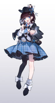 1girl absurdres black_capelet black_hat black_pantyhose blue_eyes blue_skirt blush bow brown_hair capelet chinese_commentary commentary_request cosplay full_body girls_band_cry gradient_background grey_background hat hedgehog highres holding holding_magnifying_glass iseri_nina long_sleeves low_twintails magnifying_glass mahou_shoujo_no_majo_saiban open_mouth pantyhose plaid_clothes plaid_skirt pointing pointing_at_viewer short_twintails single_leg_pantyhose skirt solo tachibana_sherry tachibana_sherry_(cosplay) twintails unmoving_pattern white_bow yun_cao_bing