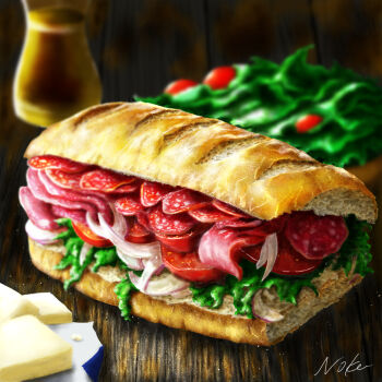 Rule 34 | artist name, blurry, blurry background, bread, cheese, commentary request, drink, food, food focus, meat, no humans, noka pastel, onion slice, original, pepperoni, salad, sandwich, still life, submarine sandwich, table, tomato, tomato slice, wooden table