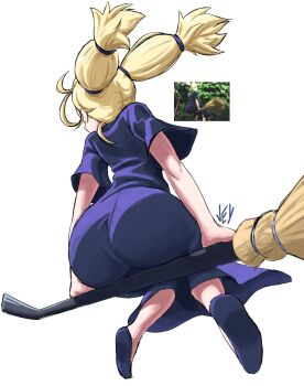 1girl ass ass_focus blonde_hair broom broom_riding dress from_behind huge_ass jujutsu_kaisen kyojiri_loli nishimiya_momo reference_inset solo_focus twintails vey393
