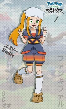 1girl alternate_costume baggy_shorts brown_sandals character_name crease curled_fingers fankifalu feet_up female_focus flat_chest full_body green_eyes groin hair_through_headwear hands_up happy headscarf highres japanese_clothes japanese_text kneehighs knees long_hair looking_at_viewer nintendo obi orange_hair original pokemon pokemon_legends:_arceus ponytail sandals sarashi sash scan short_sleeves sidelocks socks standing standing_on_one_leg thighs v wristband