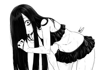 Rule 34 | 1girl, bags under eyes, bare shoulders, bikini, bikini skirt, black bikini, black hair, blush, breasts, closed mouth, collarbone, frilled bikini, frills, ghost girl, greyscale, hair over one eye, highres, long hair, looking at viewer, lughost, monochrome, navel, ruffle bikini, scar, scar on face, scar on lip, scar on mouth, side-tie bikini bottom, signature, simple background, solo, stomach, swimsuit, the ring, very long hair, white background, yamamura sadako