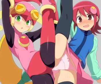 2girls absurdres blonde_hair blush bodysuit brown_eyes curakuru green_eyes highres looking_at_viewer mayl_sakurai_(mega_man) mega_man_(series) mega_man_battle_network multiple_girls panties pink_panties red_hair roll.exe_(mega_man) shirt standing standing_on_one_leg underwear