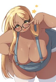 1girl akanbe black-framed_eyewear blonde_hair blush breasts cleavage dark-skinned_female dark_skin dasan242 eyelid_pull fat fat_woman finger_to_eye freckles freckles_on_breasts glasses green_eyes hand_on_own_hip highres large_breasts leaning_forward long_hair mole mole_on_breast mole_under_mouth naked_overalls original overall_shorts overalls plump skindentation smile solo star_(symbol) tan thick_thighs thighhighs thighs tongue tongue_out white_background white_thighhighs