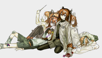 Rule 34 | 6+girls, a.i. voice, absurdres, adachi rei, aihan suru negai (utau), alternate costume, bandaid, bandaid on leg, clothes pin, commentary request, conductor baton, cone hair bun, flower wreath, gauze on knee, gloves, grey shorts, hair bun, hair ornament, head wreath, highres, hirune (suiminbusoku118), holding, jacket, kyou kara kimi wa star! (utau), leaning on person, long sleeves, looking at viewer, lying, mawaru sentaku net (utau), multiple girls, multiple persona, nariyamanai yorokobi to tomo ni! (utau), netsu ijou (utau), on back, open clothes, open jacket, orange eyes, orange hair, partial commentary, shorts, shuuten chi e kiete (utau), sitting, tougenkyou e ikou (utau), utau, white background, white gloves, white jacket