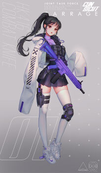 Rule 34 | 1girl, artist name, assault rifle, belt, black hair, brown eyes, coat, combat knife, eyelashes, female focus, grey background, gun, h&amp;k hk416, highres, hood, hood down, knee pads, knife, lips, long hair, long sleeves, looking at viewer, love cacao, nike (company), open mouth, original, ponytail, rifle, sheath, shoelaces, shoes, simple background, skirt, sneakers, solo, standing, thighhighs, vest, weapon