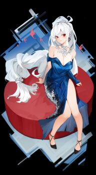 1girl arknights bare_legs bare_shoulders black_background black_shoes blue_dress breasts cleavage commentary cosplay dress eternity_(reverse:1999) eternity_(reverse:1999)_(cosplay) highres jewelry long_hair looking_at_viewer necklace off-shoulder_dress off_shoulder red_eyes reverse:1999 shoes short_sleeves side_slit skadi_(arknights) solo suiiryu very_long_hair white_hair