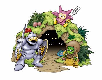 Rule 34 | aiming, arrow (projectile), asymmetrical dual wielding, bat wings, bodkin archer, boots, bow (weapon), brown robe, cave, colored skin, commentary request, creature, creature focus, dated commentary, dragon quest, dual wielding, dungeon, fork, gloves, grass, green skin, grey armor, highres, holding, holding arrow, holding bow (weapon), holding fork, holding shield, holding sword, holding weapon, imp (dragon quest), knight, looking at viewer, monster, monster focus, murakami yumiko, mushroom, no humans, official art, open mouth, plume, restless armour, robe, shield, slime (dragon quest), sword, tongue, tongue out, weapon, white background, wings, yellow boots, yellow gloves