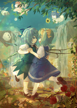 Rule 34 | 5girls, absurdres, blue bow, blue eyes, blue hair, blue skirt, blue sky, blue vest, blurry, bobby socks, bokeh, bow, brown footwear, cirno, commentary request, daiyousei, dancing, day, depth of field, ekaapetto, eye contact, fairy wings, flower, flying, green eyes, green hair, hair ribbon, holding hands, hand on another's back, highres, holding, holding flower, interlocked fingers, kedama (touhou), leg lift, looking at another, mary janes, multiple girls, open mouth, outdoors, pillar, poppy (flower), red hair, ribbon, shoes, short hair, side ponytail, skirt, skirt set, sky, smile, socks, standing, standing on one leg, sunflower fairy (touhou), tombstone, touhou, two side up, vest, water, waterfall, white legwear, wings, yellow bow, yuri