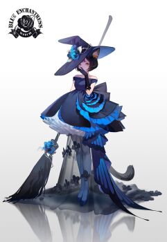 1girl animal_ear_fluff animal_ears bare_shoulders black_dress black_flower black_footwear black_gloves black_hair black_hat blonde_hair blue_dress blue_flower blue_rose bob_cut breasts broom cat_ears cat_girl cat_tail commentary covered_mouth covering_own_mouth dlgeria dress english_commentary flower frills full_body gloves grey_background hand_over_own_mouth hand_up hat hat_flower high_heels highres lace lace-trimmed_gloves lace_trim layered_skirt leaf long_dress looking_at_viewer off-shoulder_dress off_shoulder original pantyhose petticoat reflective_floor rose see-through_clothes short_dress short_hair short_sleeves simple_background skirt solo standing stenciled_rose symbol-only_commentary tail thorns train_(clothing) two-sided_fabric white_background white_pantyhose witch witch_hat