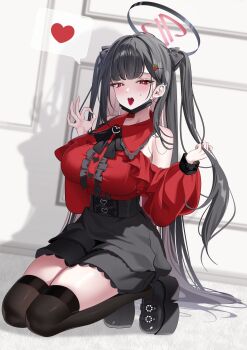 Rule 34 | 1girl, alternate costume, alternate hairstyle, aqua74286, bare shoulders, black hair, black thighhighs, blue archive, blush, breasts, bright pupils, commentary request, detached sleeves, hair behind ear, hair ornament, hairclip, halo, highres, jirai kei, large breasts, long hair, looking at viewer, open mouth, red eyes, rio (blue archive), solo, thighhighs, white pupils