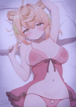 1girl absurdres ahoge animal_ears arm_above_head babydoll blonde_hair blush breasts chromashift closed_mouth commentary commission covered_erect_nipples daisy_dandelion english_commentary flower gradient_hair green_eyes green_hair hair_flower hair_ornament highres large_breasts lion_ears lion_girl looking_at_viewer lying medium_hair multicolored_hair navel nipples on_back on_bed panties pillow pink_babydoll pink_panties second-party_source see-through_clothes sen_(senkuden) smile solo underwear virtual_youtuber white_flower