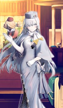 anastasia_(fate) anastasia_(festival_outfit)_(fate) beads blue_eyes blush bow breasts capelet character_doll cleavage closed_mouth commentary criss-cross_halter doll dress dress_bow earrings fate/grand_order fate_(series) feet_out_of_frame floating floating_hair gloves grey_bow grey_capelet grey_dress grey_hat hair_over_one_eye halter_dress halterneck hand_up hat headwear_request hotel indoors jewelry long_dress long_hair looking_at_viewer medium_breasts mermaid_dress narrow_waist necklace official_art okita_souji_(fate) okita_souji_alter_(fate) orange_background scarf sime_(echo) sleeveless sleeveless_dress smile suitcase third-party_source very_long_hair viy_(fate) viy_(festival_outfit)_(fate) white_gloves white_hair white_scarf