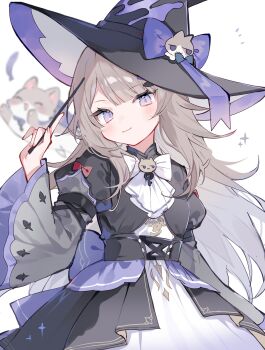 1girl absurdres back_bow black_dress black_hat blunt_bangs blush bow bowtie brown_hair closed_mouth commentary cowboy_shot dress hat hat_bow herta_(honkai:_star_rail) highres holding holding_wand honkai:_star_rail honkai_(series) juliet_sleeves long_hair long_sleeves looking_at_viewer mokyuko parted_bangs puffy_sleeves purple_bow purple_eyes red_bow simple_background sleeve_bow smile solo wand white_background white_bow white_bowtie wide_sleeves witch_hat