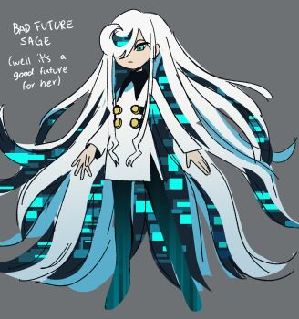 1girl aged_up alternate_design alternate_hair_length alternate_hairstyle aqua_eyes aqua_hair caffstrink commentary dress english_commentary english_text glitch grey_background hair_over_one_eye highres long_hair long_sleeves neo_sage_(sonic) sage_(sonic) solo sonic_(series) very_long_hair white_dress white_hair