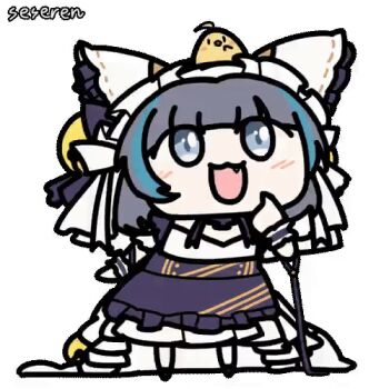 1girl animal animal_on_head animated animated_gif azur_lane baby_animal bird bird_on_head cheshire_(azur_lane) chick chick_on_head fang lowres manjuu_(azur_lane) on_head open_mouth seseren